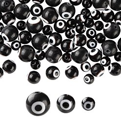 Black 3 Strands 3 Style Handmade Evil Eye Lampwork Round Bead Strands, Black, 6~10mm, Hole: 1mm, about 39~65pcs/strand, 14.17~14.96 inch(36~38cm), 1 strand/style