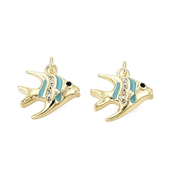 Небесно-голубой Латунные микропаве прозрачные подвески с фианитом, рыбы прелести, с эмалью, золотые, голубой, 13~14x15x6 мм, отверстие : 3 мм, Перейти кольцо: 5x0.8 мм, внутренний диаметр: 3 мм