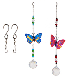 Mixed Color Crystal Suncatchers Hanging Pendant, Butterfly Prism, Windows Car Decorations, with Stainless Steel Swivel Hooks Clips and Velvet Bags, Butterfly, Mixed Color, 260mm
