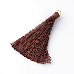 Coconut Brown Nylon Thread Tassel Big Pendants Decoration, with Brass Findings, Golden, Coconut Brown, 78x7mm, Hole: 7mm