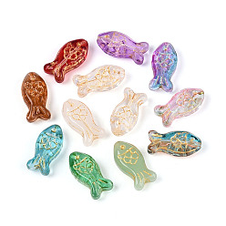 (52) Непрозрачная лаванда Прозрачные стеклянные бусины для выпечки, рыба, золотой металл обвитыми, разноцветные, 21~21.5x10.5~11x7~8 мм, отверстие : 1~1.4 мм
