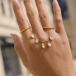 Золотой 304 Кольца из нержавеющей стали с микропаве из кубического циркония, которые можно носить в несколько рядов., кольцо с двумя пальцами, золотые, размер США 6 1/4 (16.7 мм)