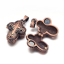 Красная Медь Резные крест стойки покрытие латунь молитва коробка подвески, желаю коробке, магнитным материалом, без никеля , Красная медь, 27x18x10 мм, отверстие : 5x3 мм