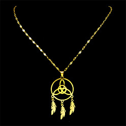 Golden Triquetra/Trinity Knot with Woven Net/Web with Feather Pendant Necklaces, Boho 201 Stainless Steel Dapped Chain Necklaces , Golden, 15.94 inch(40.5cm)