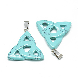 Синтетическая Бирюза Окрашенные синтетические бирюзовые подвески, с защелкой из нержавеющей стали на поручнях, Троицкий узел / трикетра, ирландцы, 23~40x33~38x5~7 мм, отверстие : 6x4 мм