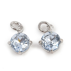 Светло-Синий Плоские круглые латунные стеклянные подвески, с целью перехода в кольце, стойки покрытие, без свинца и без кадмия, долговечный, граненые, платина, голубой, 9x7.5x4 мм, отверстие : 1.8 мм