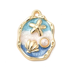 Темно-Голубой Подвески из эмали и сплава, с ABS имитации жемчуга, стойки покрытие, долговечный, без свинца, без кадмии и без никеля, золотой свет, овал с подвеской в виде ракушки и морской звезды, глубокое синее небо, 19x14x3.5 мм, отверстие : 1.5 мм