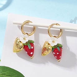 Клубника Акриловые серьги-кольца в форме сердца, с подвесками-фоторамками, с ручной работой, искусственным жемчугом из АБС-пластика, фурнитурой для сережек из латуни и нержавеющей стали, золотые, клубника, 304 мм