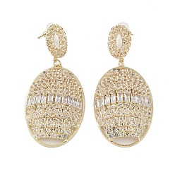 Golden Brass Micro Pave Cubic Zirconia Stud Earrings, Oval, Golden, 67x29.5mm