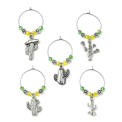 Antique Silver Tibetan Style Alloy Cactus Wine Glass Charms, with Glass Beads and Brass Wine Glass Charm Rings, Antique Silver, 50.5~57mm
