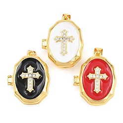 Mixed Color Brass Locket Pendants, with Enamel & Clear Cubic Zirconia, Cadmium Free & Lead Free, Real 18K Gold Plated, Rack Plating, Long-Lasting Plated, Cross with Oval Charms, Mixed Color, 27x21x9mm, Hole: 3x5mm