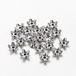 Plata Antigua Estilo tibetano de la aleación de zinc tapas de cuentas, sin plomo, sin cadmio y níquel, flor, color de plata antiguo, 6.5x3 mm, agujero: 1 mm
