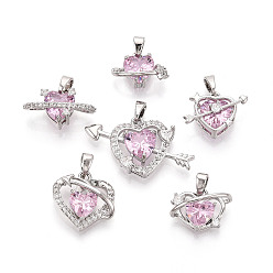 Бледно-Розовый Латунные микро проложить кубического циркония подвески, сердце, платина, розовый жемчуг, 10.5~17x15~28x5.5~8 мм, отверстие : 4.5~5x2.5~3 мм