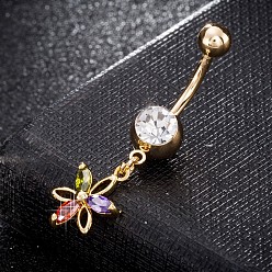 Farbig Messing Zirkonia Nabel Ring, Bauchringe, mit 304 Edelstahlleiste, cadmiumfrei und bleifrei, echt 18 k vergoldet, Blume, Farbig, 39x11 mm, Stange: 15 Spurweite(1.5mm), Stangenlänge: 3/8"(10mm)