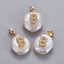 Letter B Подвески из натурального пресноводного жемчуга, с латунными микро проложить кубических выводы циркония, самородки с буквой, долговечный, золотые, прозрачные, letter.b, 17~27x12~16x6~12 мм, отверстие : 4x2.5 мм