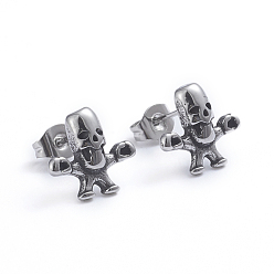 Antique Silver Retro 304 Stainless Steel Stud Earrings, with Ear Nuts, Zombie, Antique Silver, 11x12.5mm, Pin: 0.7mm
