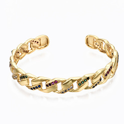 Colorful Brass Micro Pave Cubic Zirconia Curb Chain Cuff Bangles, Nickel Free, Real 16K Gold Plated, Colorful, Inner Diameter: 2-1/8x2 inch(5.5x5.2cm), 8.5mm