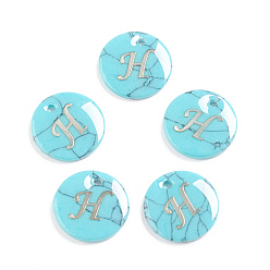 Letter H Synthetic Turquoise Charms, with Plastic Letter, Flat Round, Letter.H, 15x2mm, Hole: 1.5mm
