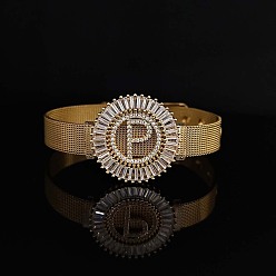 Letter P Латунные браслеты с микропаве из прозрачных кубических цирконий для женщин, плоские круглые с буквы, реальный 18 k позолоченный, Письмо P, 8-1/4 дюйм (21 см)