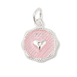 Pink 925 серебряная эмаль, плоская круглая, с подвесками в виде сердечек, с соединительными кольцами и 925 штампом, серебряный цвет гальваническим, розовые, 12x10x2 мм, отверстие : 3.5 мм