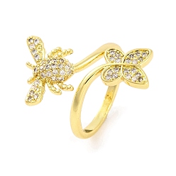 Настоящее золото 18K Женское открытое кольцо-манжета из латуни «Бабочка и пчела» с прозрачным микропаве и кубическим цирконием, без кадмия, без никеля и без свинца, реальный 18 k позолоченный, внутренний диаметр: 18 мм