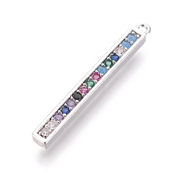 Platinum Brass Micro Pave Cubic Zirconia Pendants, Bar, Colorful, Platinum, 29x3x2mm, Hole: 1mm