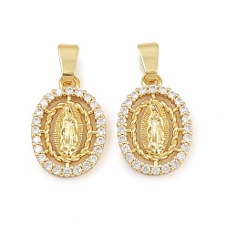 Настоящее золото 18K Латунные микро проложить кубического циркония подвески, овальные с рисунками " virgin mary", долговечный, стойки покрытие, реальный 18 k позолоченный, 18x12.5x2.5 мм, отверстие : 5.5x2.4 мм