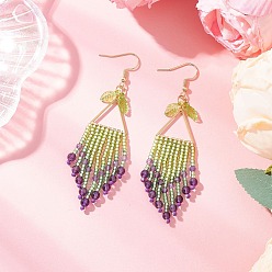 Аметист 304 из нержавеющей стали болтаться серьги, со стеклянными семенами и натуральным аметистом, лист, золотые, 82x19 мм