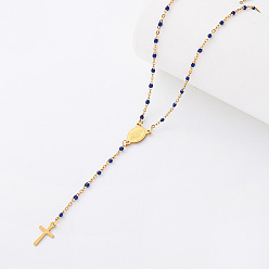 Blue Vintage Resin Rosary Bead Necklaces, 304 Stainless Steel Religion Cross Virgin Pendant Necklaces for Women, Golden, Blue, 17.72 inch(45cm)