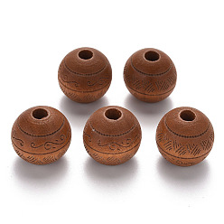 Peru Painted Natural Wood Beads, Laser Engraved Pattern, Round with Leave Pattern, Peru, 16x15mm, Hole: 4mm