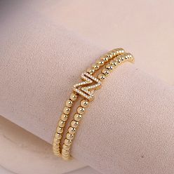 Letter N Браслеты из латуни с микропаве из прозрачных кубических циркониевых бусин, двойные нити, эластичные, для женщин, буква и круг, золотые, Письмо N, 6.69 дюйм (17 см)