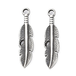 Античное Серебро 304 подвески из нержавеющей стали, очарование перьев, античное серебро, 21.5x5x1.5 мм, отверстие : 1.6 мм
