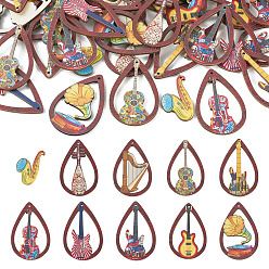 (52) Непрозрачная лаванда 40шт 10 наборы деревянных подвесок с набивным рисунком, саксофон и каплевидные подвески, образец музыкальных инструментов, разноцветные, 39~58x23~38x2.5~2.6 мм, отверстие : 1.6~1.8 мм, 4 шт / стиль