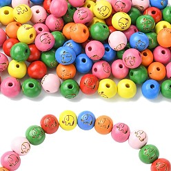 Mixed Color Engraving Wood Beads, Round with Elephant Pattern, Mixed Color, 12x11mm, Hole: 3mm, 50pcs/set