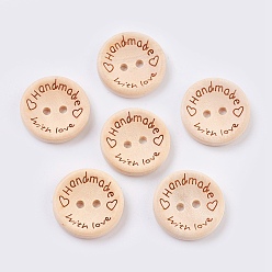 Blanched Almond Wooden Buttons, 2-Hole, with Word, Flat Round with Word Handmade with Love, Blanched Almond, 20x4mm, Hole: 2mm
