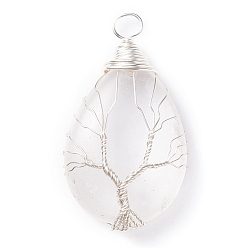 Хрусталь Природного кварца хрустальных подвесок, с деревом, обмотанным медной проволокой серебристого цвета, слеза, 46x26x12 мм, отверстие : 5 мм