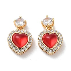 Красный Латунные подвески с фианитами, без кадмия, без никеля и без свинца, cmолой, реальный 18 k позолоченный, сердце, красные, 12x10x6 мм, отверстие : 2 мм