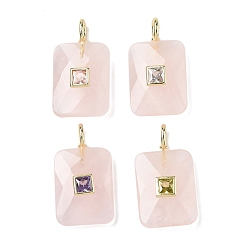 Розовый Кварц Природного розового кварца подвески, Подвески с прямоугольной огранкой и латунной микропаве из кубических цирконий разных цветов, золотые, 26.5x15x6.5~7 мм, отверстие : 2.5x3.5 мм