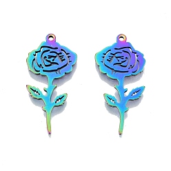 Rainbow Color Ионное покрытие (ip) 201 подвески из нержавеющей стали, роза, Радуга цветов, 32x15.5x1.5 мм, отверстие : 1.4 мм