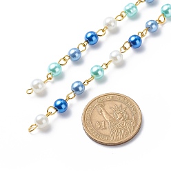 Blue Handmade Glass Pearl Beaded Chains, with Brass Eye Pins, Unwelded, Blue, 13x6mm, about 3.28 Feet(1m)/Strand