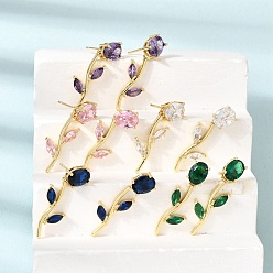 Couleur Mélangete Micro cuivres ouvrent zircone cubique boucles d'oreille, fleur rose, sans plomb et sans cadmium, crémaillère plaquage, plaqué longue durée, réel 18 k plaqué or, couleur mixte, 30x11mm