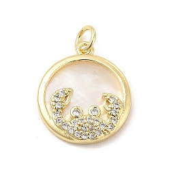 Cancer Brass Clear Cubic Zirconia with Shell Pendants, Flat Round Charms with Constellation Pattern, Golden, Cancer, 17x15x3mm, Hole: 3mm