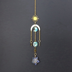 Sodalite Natural Sodalite Star Sun Catcher Hanging Ornaments with Brass Sun, for Home, Garden Decoration, Golden, 400mm