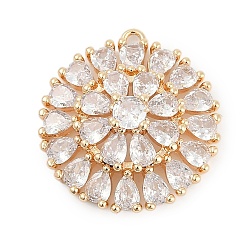 Настоящее золото 18K Латунные подвески, плоские круглые прелести, со стеклом, реальный 18 k позолоченный, 23.5x22x6.5 мм, отверстие : 1.5 мм