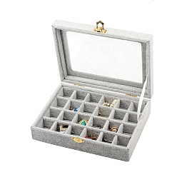 Light Grey Velvet Jewelry Storage Box with 24 Compartments, Visible Window Jewelry Organizer Display Case for Earrings Rings Necklaces, Rectangle, Light Grey, 15x20x5cm