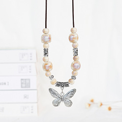 Бабочка Ожерелья из вощеного шнура с подвеской из сплава, Женские ожерелья из фарфора и дерева, античная бронза, бабочка, 19.69 дюйм (50 см)