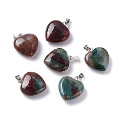 Indian Agate Natural Indian Agate Pendants, Heart, with Brass Findings, Platinum, 22~23x20~20.5x6~7.5mm, Hole: 5x8mm
