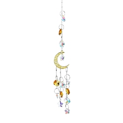 Sandy Brown Glass Pendant Decorations, Suncatchers, with Iron Findings, Moon & Star, Sandy Brown, 380mm