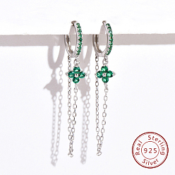 Платина Серьги-кольца с кубическим цирконием, серьги из серебра 925 пробы с родиевым покрытием 925, женские серьги с подвесками в виде клевера и троса, с печатью 925, платина, 38x11 мм