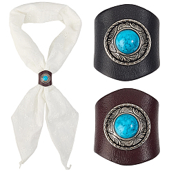 Mixed Color 2Pcs 2 Colors Leather & Alloy & Synthetic Turquoise Scarf Clips, Scarf Buckle, Column, Gunmetal, Mixed Color, 32~32.5x27.5~29.5x31.5~32mm, 1pc/color